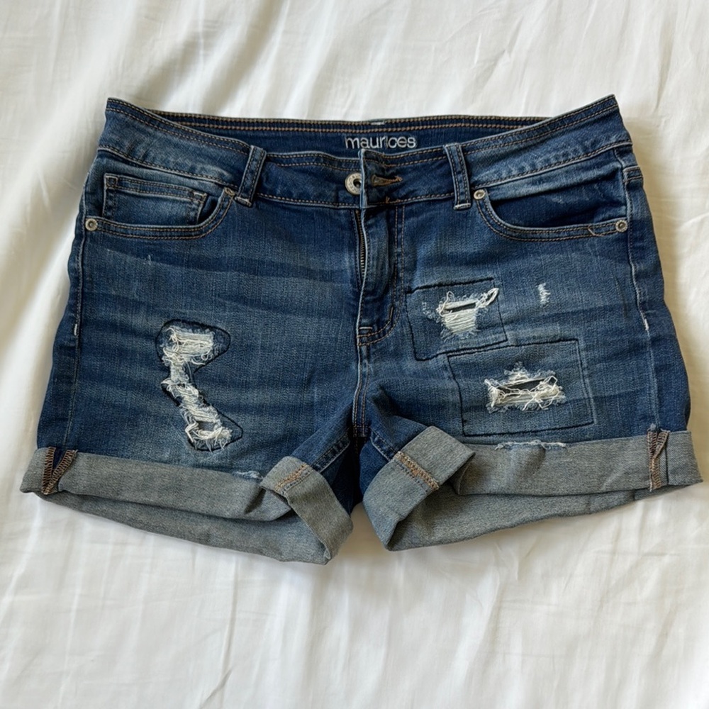 Maurices Blue Distressed Jean Shorts with Cuffed Hem